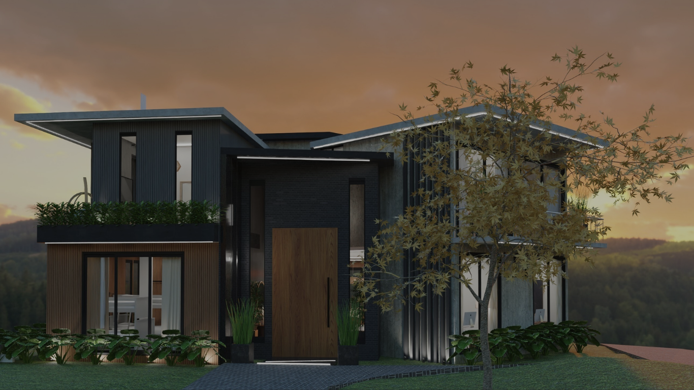 Render de casa moderna con diseño arquitectónico vanguardista.