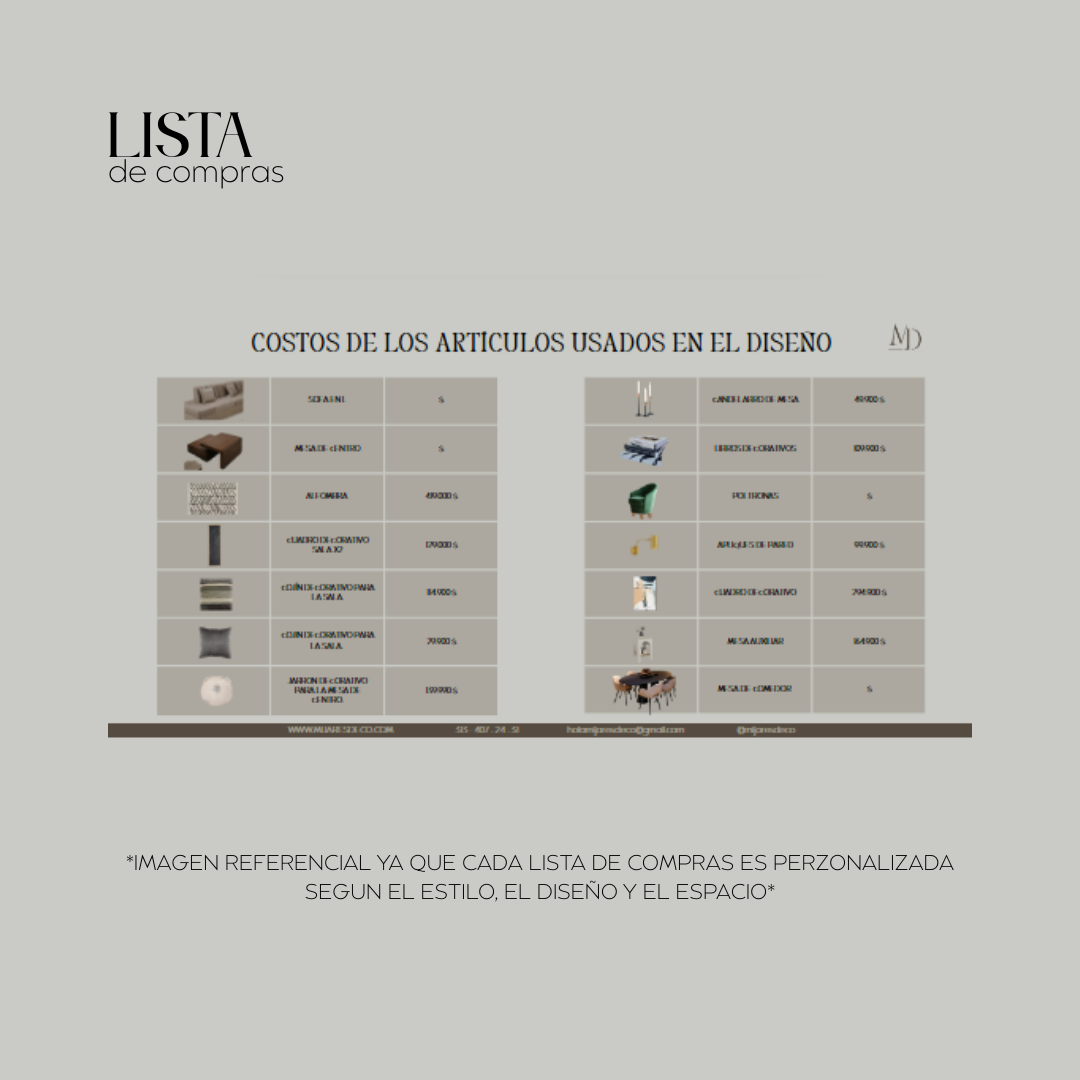 Ejemplo de lista de compras para el servicio internacional de paquetes de diseño de interiores online