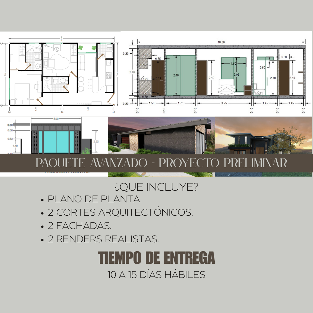 Paquete de diseño arquitectónico online avanzado con plano de distribución de planta, planos de cortes de sección, planos de fachadas y renders del proyecto de diseño.