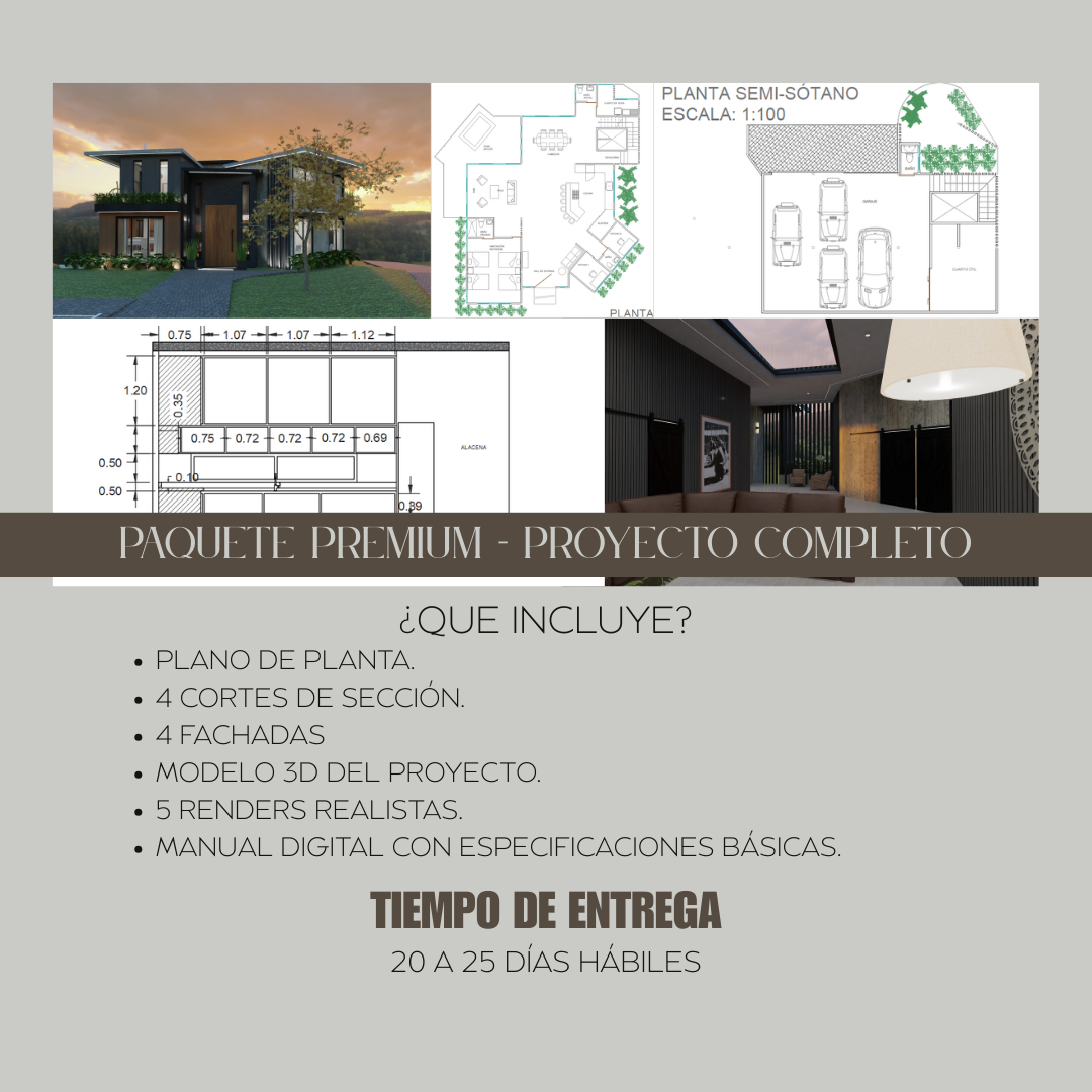 Paquete de diseño arquitectónico online con planos de distribución de planta, planos de cortes de sección, planos de fachadas, modelo 3D del proyecto, renders del proyecto.