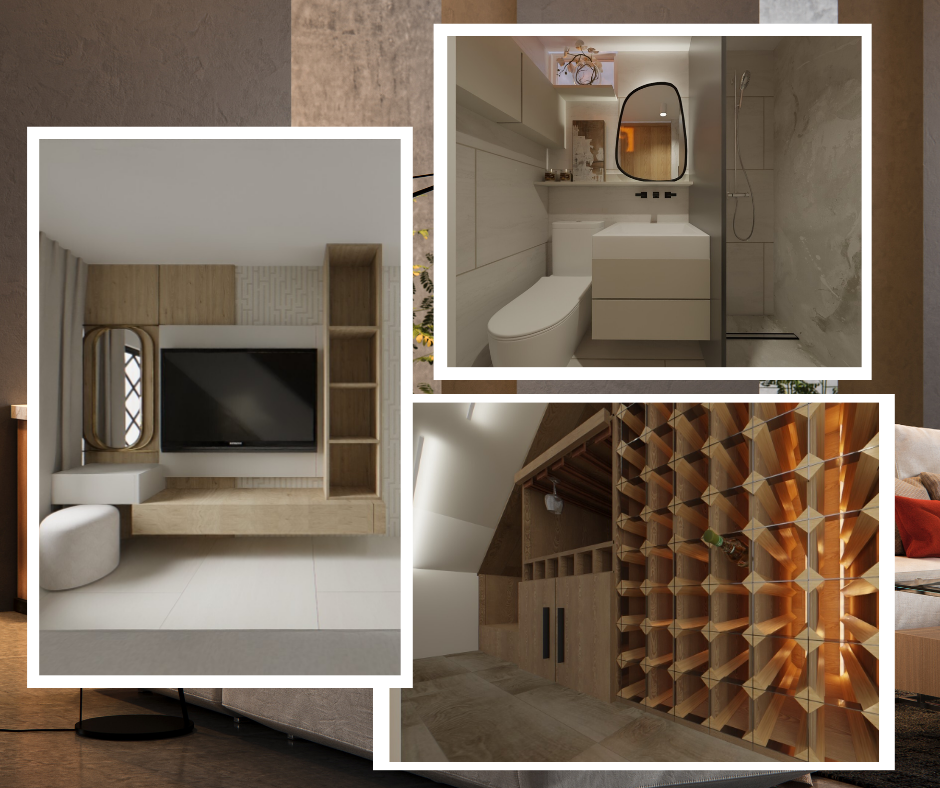 Renders de arquipack de centro de entretenimiento, render de baño y render de vinoteca