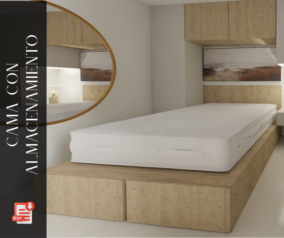Cama con almacenamiento para habitacion doble 3D para optimizacion de espacios.