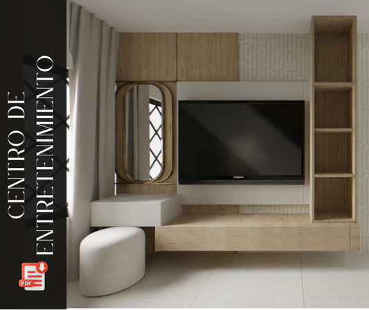 Diseño de centro de entretenimiento 3D para habitacion doble con optimizacion de espacios