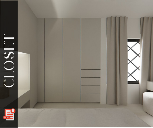 Diseño de closet en 3D con puertas abatibles y cajones integrados en habitación doble.