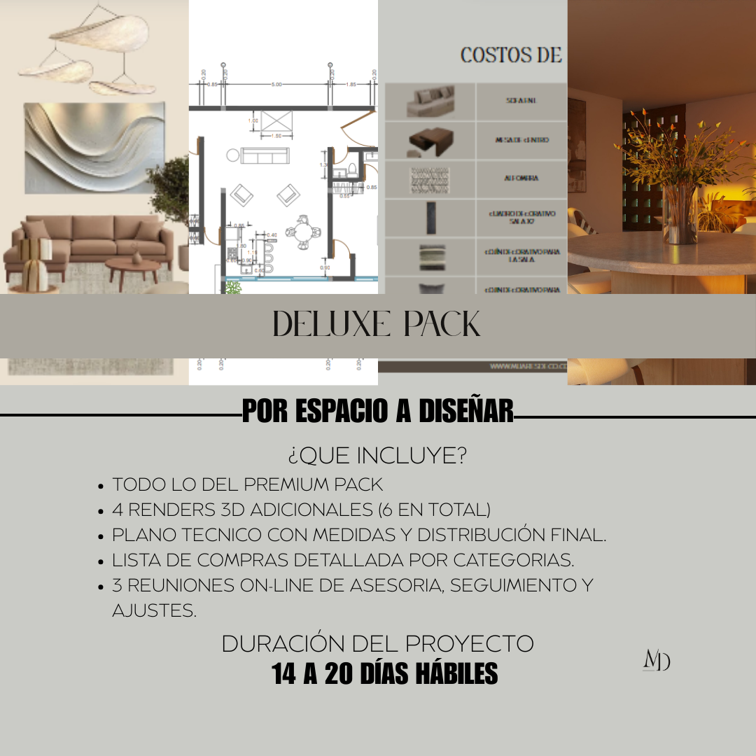 Servicio de diseño de interiores completo - Deluxe Pack - planos técnicos - renders - asesorías