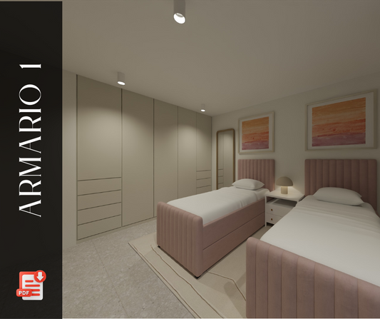 Diseño de armario empotrado en 3D con puertas abatibles y cajones integrados en habitación.