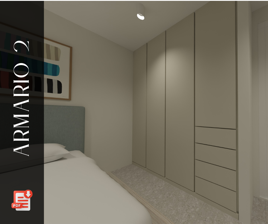 Diseño de armario empotrado en 3D con puertas abatibles y cajones integrados en habitación.