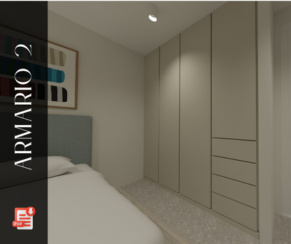 Diseño de armario empotrado en 3D con puertas abatibles y cajones integrados en habitación.
