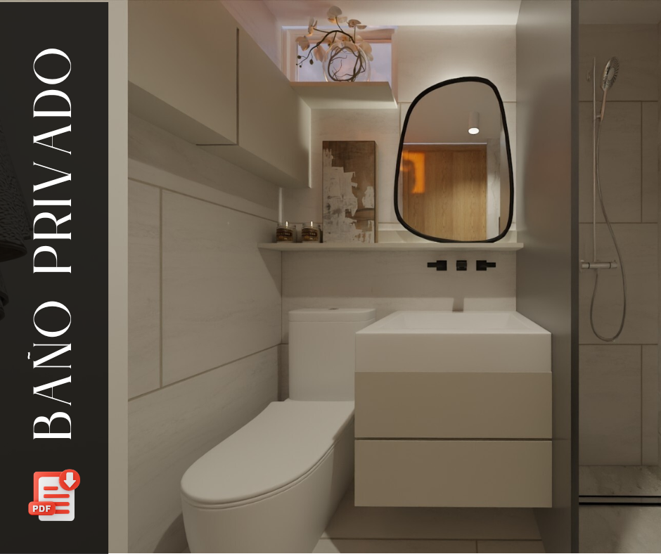 Diseño de mueble para baño privado pequeño en 3D con aprovechamiento de espacios.