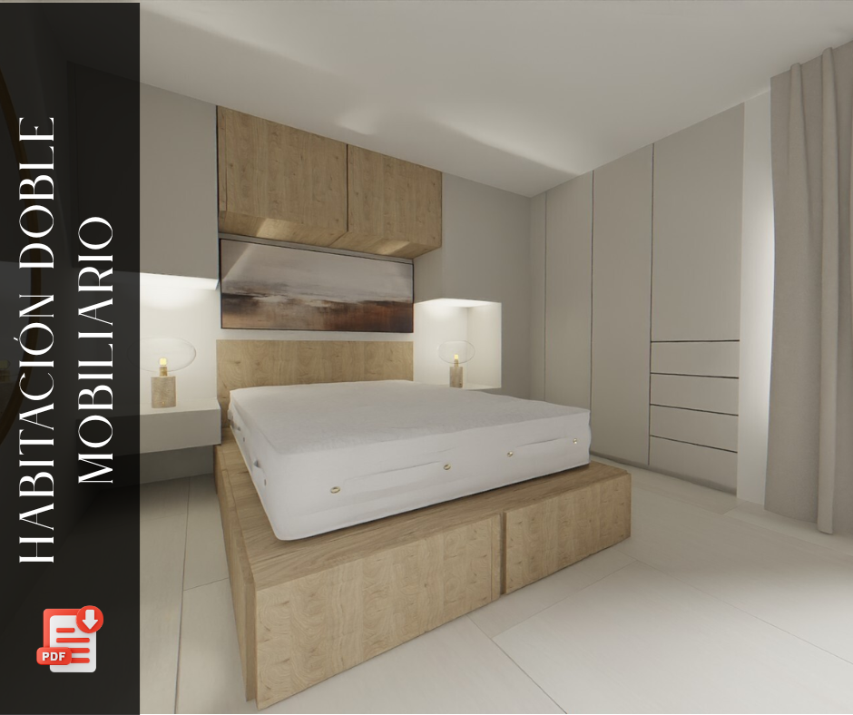 Diseño de muebles en 3D con cajones integrados y puertas abatibles para optimización de espacios en habitación doble.