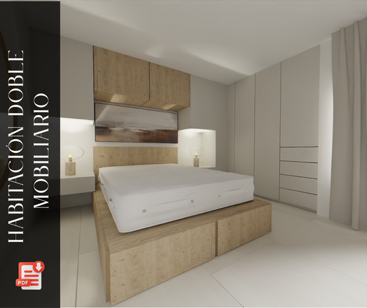 Diseño de muebles en 3D con cajones integrados y puertas abatibles para optimización de espacios en habitación doble.