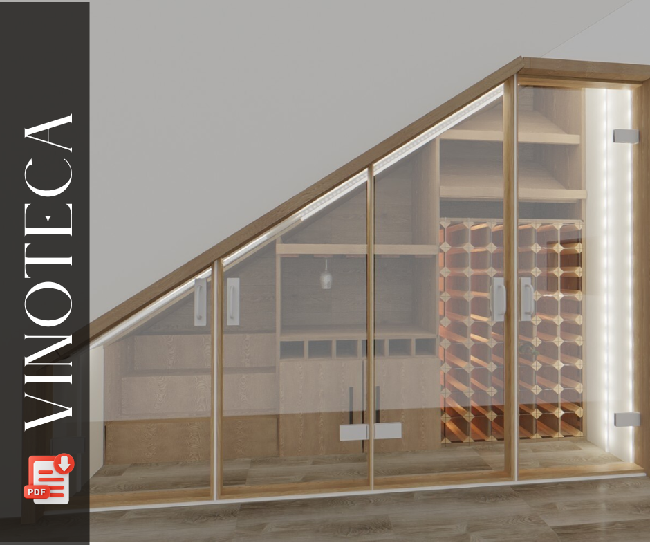 Mueble para vinos 3D con estantes en madera y puertas de vidrio