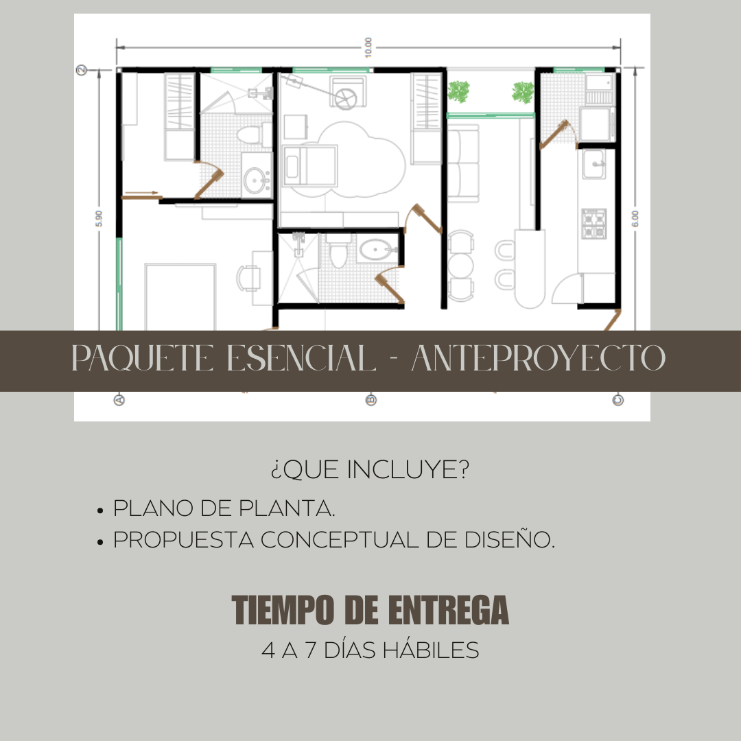 Paquete de diseño arquitectónico online con plano de distribución de planta y propuesta conceptual de diseño. 