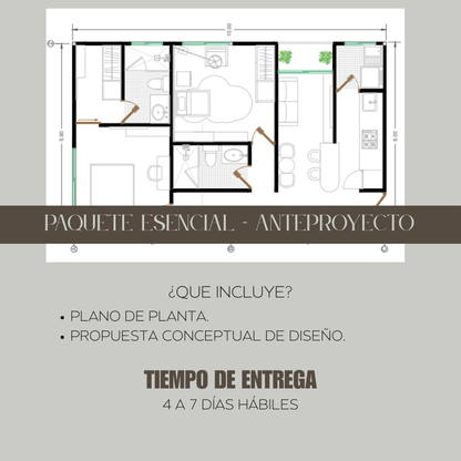 Paquete de diseño arquitectónico online con plano de distribución de planta y propuesta conceptual de diseño. 