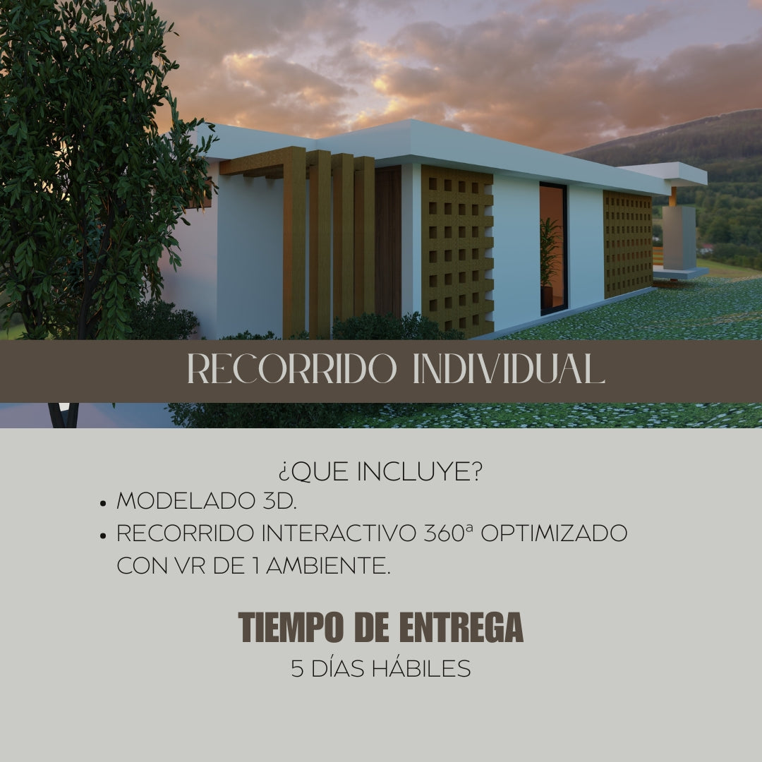 Paquete de elaboración con modelado 3D de un recorrido interactivo optimizado con vr de 1 espacio, servicio internacional y profesional. 