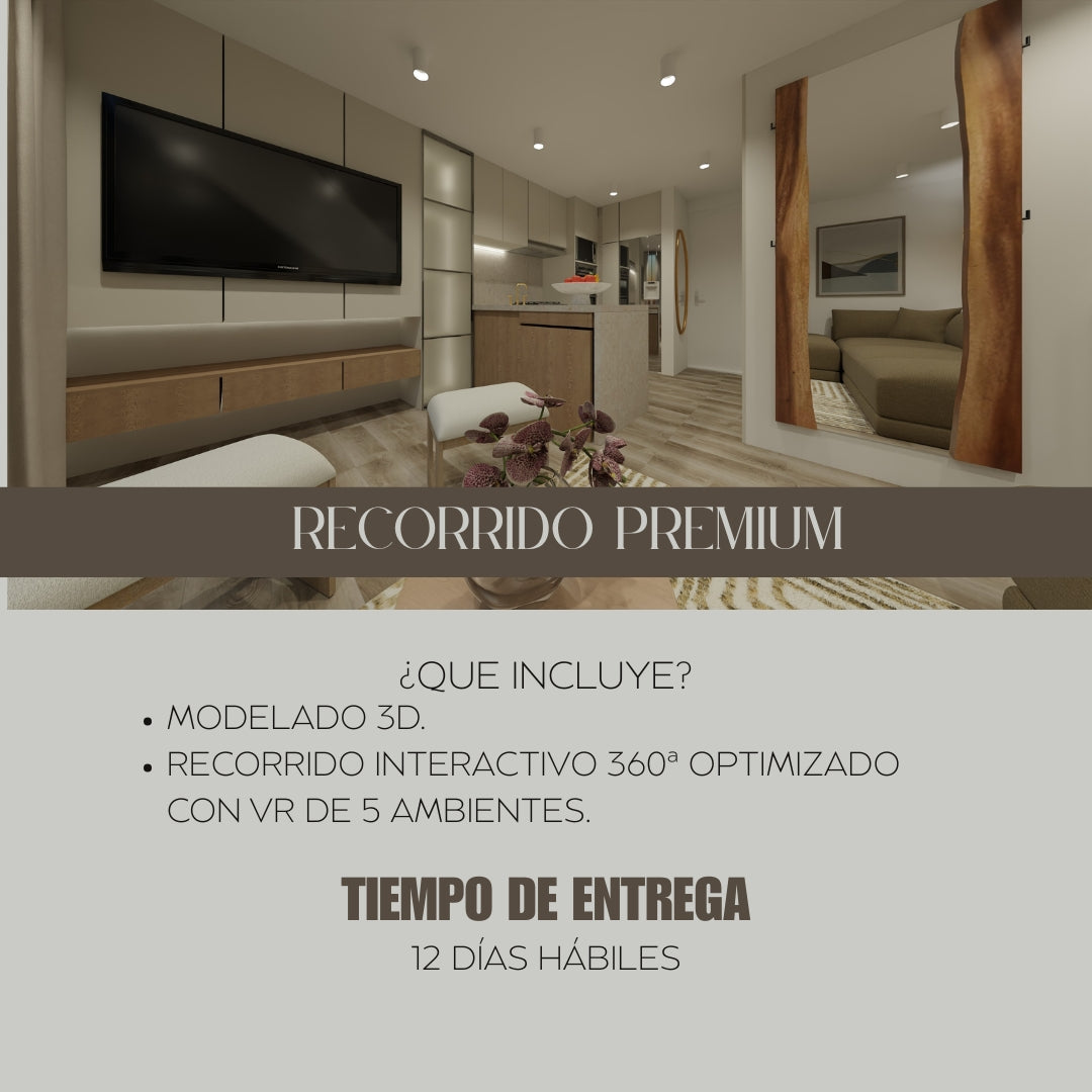 Recorrido interactivo 360, paquete premium para 5 ambientes, con modelado 3D, servicio internacional, online.