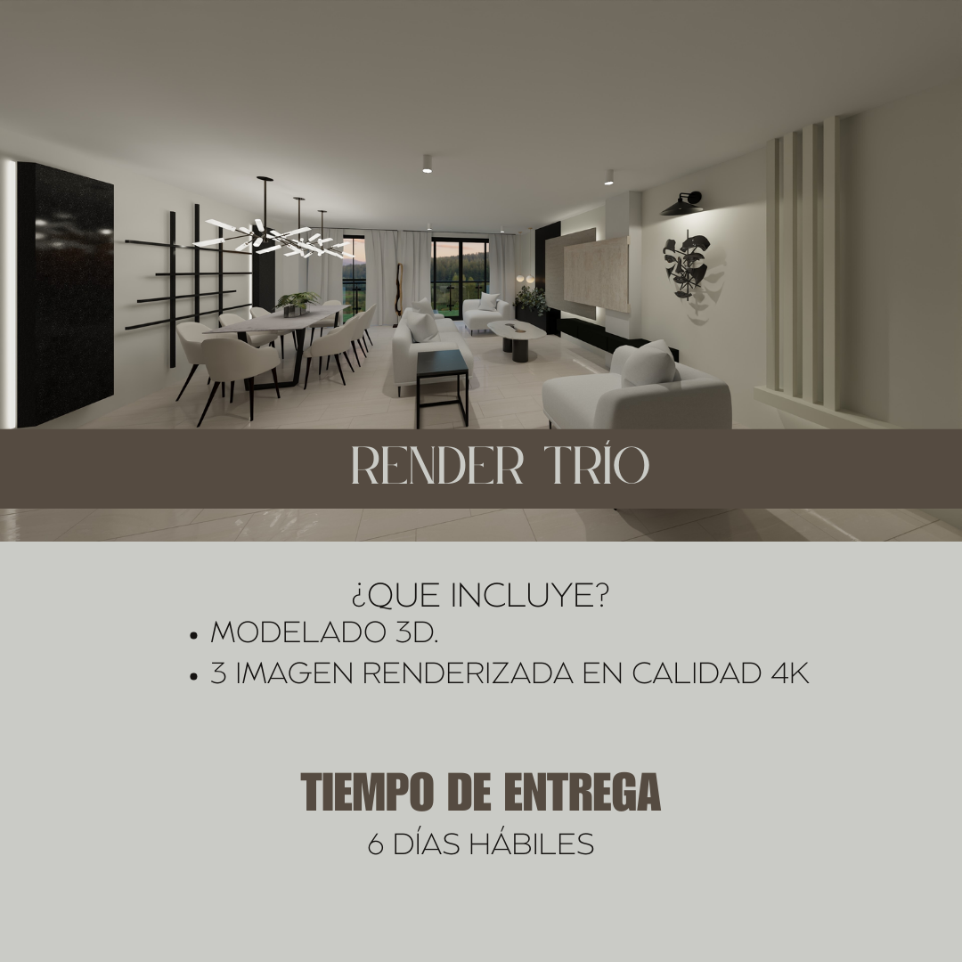 Paquete de 3 renders en calidad 4k que incluye el modelado, renders de interiores o exteriores.