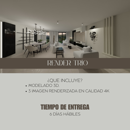 Paquete de 3 renders en calidad 4k que incluye el modelado, renders de interiores o exteriores.