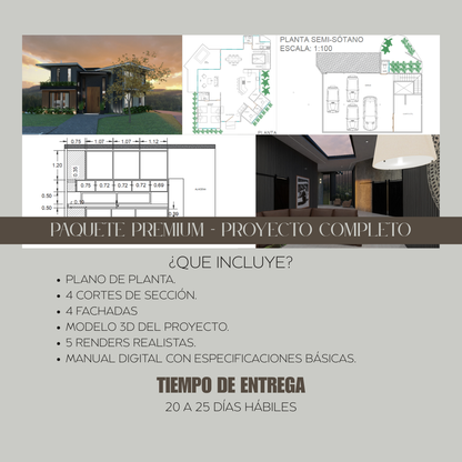 Paquete de diseño arquitectónico online con planos de distribución de planta, planos de cortes de sección, planos de fachadas, modelo 3D del proyecto, renders del proyecto. 
