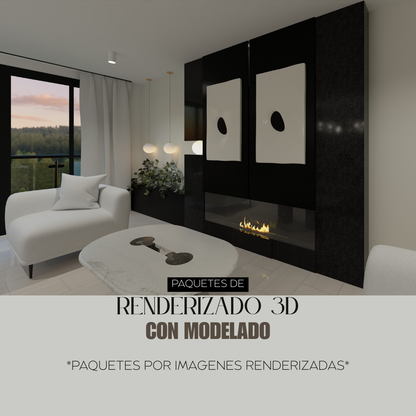 Imágenes renderizadas realista con mobiliario, acabado e iluminación del espacio, en calidad 4k.