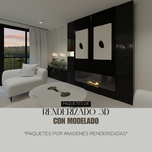 Imágenes renderizadas realista con mobiliario, acabado e iluminación del espacio, en calidad 4k.
