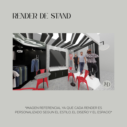 Imagen referencial de render de stand del paquete de servicio de elaboración de renders online, internacional. 