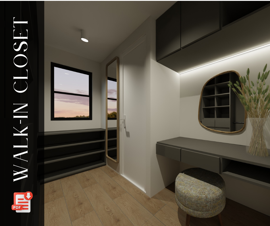 Closet vestidor moderno en render 3D con estanterías, barras para colgar y organización personalizada.
