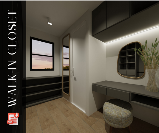 Closet vestidor moderno en render 3D con estanterías, barras para colgar y organización personalizada.