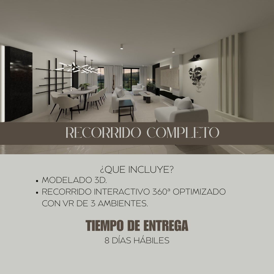 Recorrido 360 completo de 3 ambientes optimizado con VR, paquete de recorrido completo. 