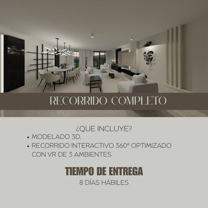 Recorrido 360 completo de 3 ambientes optimizado con VR, paquete de recorrido completo. 